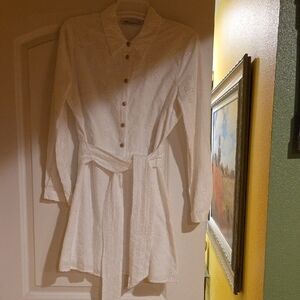 Zara White Eyelet Buttoned Tie Front A-Line Dress